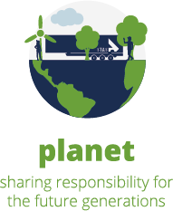 An illustration of the earth with trees and a trailer on it and the text planet, sharing responsibility for the future generations
