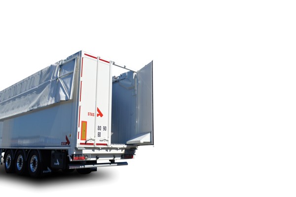 double-acting hydraulic rear door for moving floor trailer