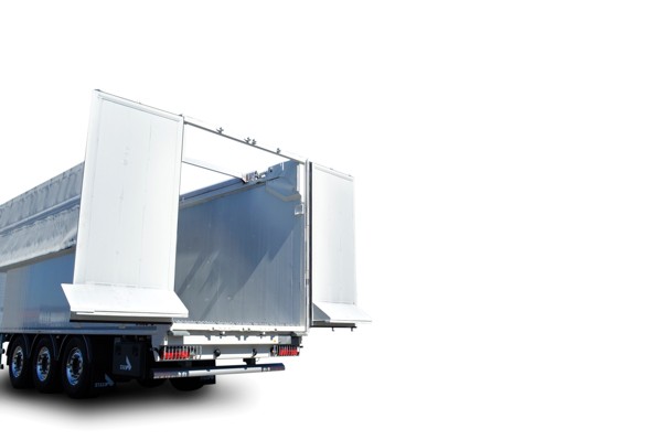 double-acting hydraulic rear door for moving floor trailer